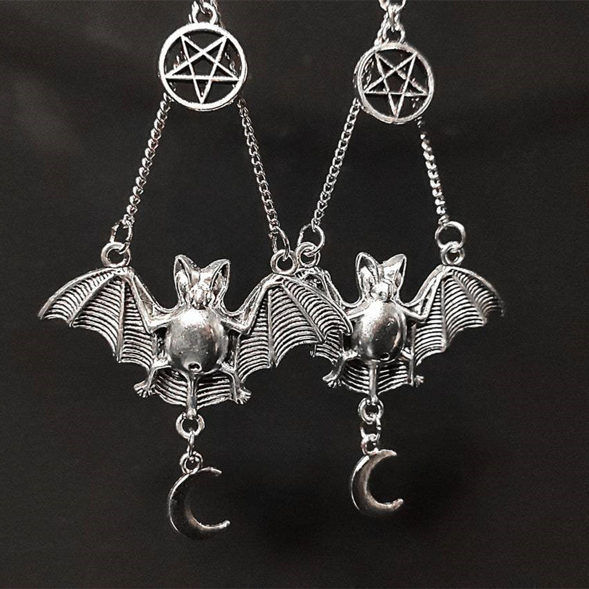 Gothic Halloween Bat Pentagram Moon Charm Earrings