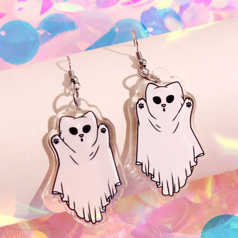 Acrylic Printed Halloween Pumpkin Cat Ghost Cat Pendant Earrings