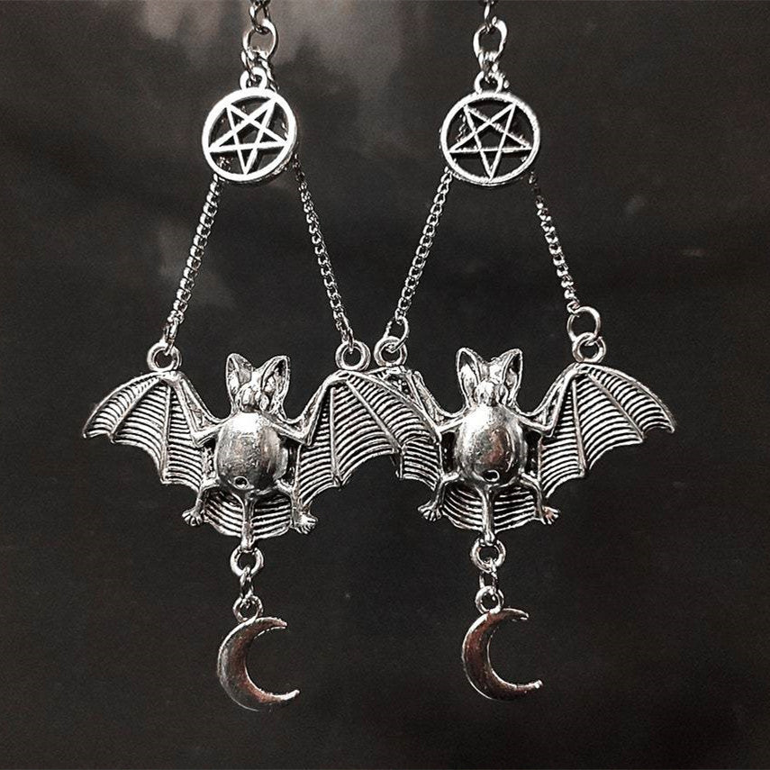 Gothic Halloween Bat Pentagram Moon Charm Earrings