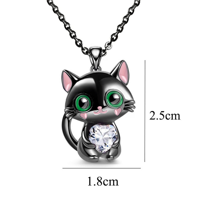 Black Cat Necklace Red Blue Purple White Heart Rhinestone Kitty Pendant Sweater Chain Necklaces