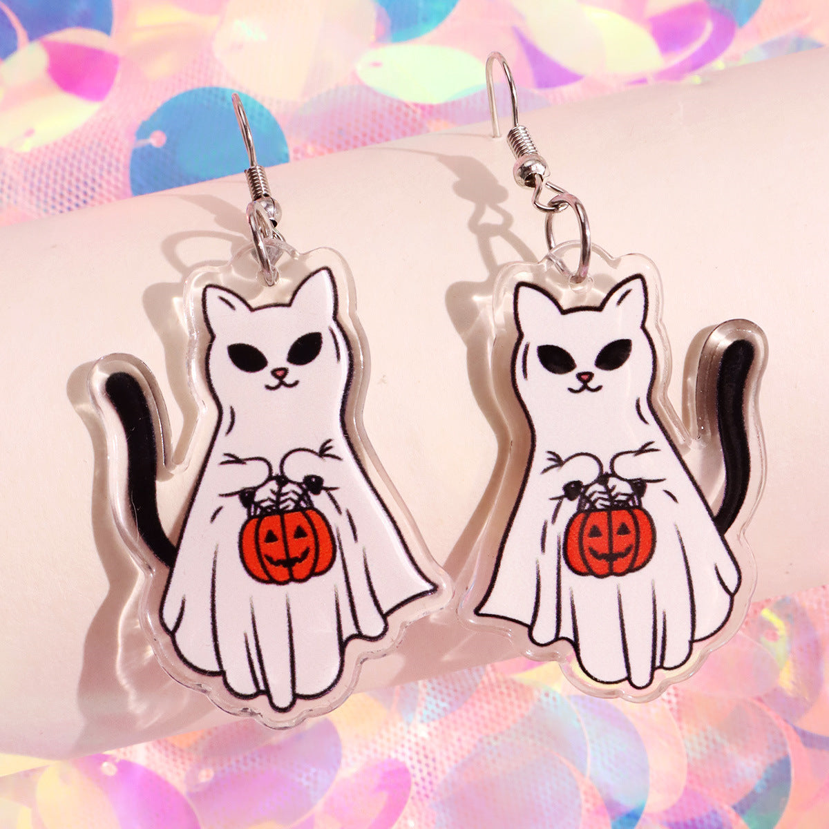 Acrylic Printed Halloween Pumpkin Cat Ghost Cat Pendant Earrings