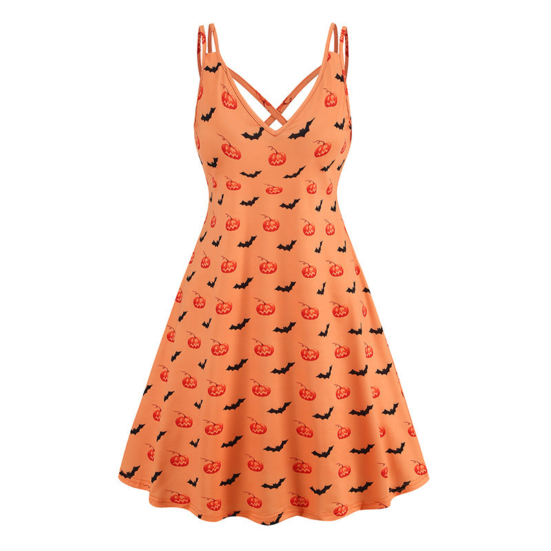 V-neck Strap Halloween Printed Pumpkin Flowers Bat Gothic Dress