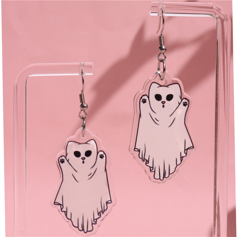 Acrylic Printed Halloween Pumpkin Cat Ghost Cat Pendant Earrings