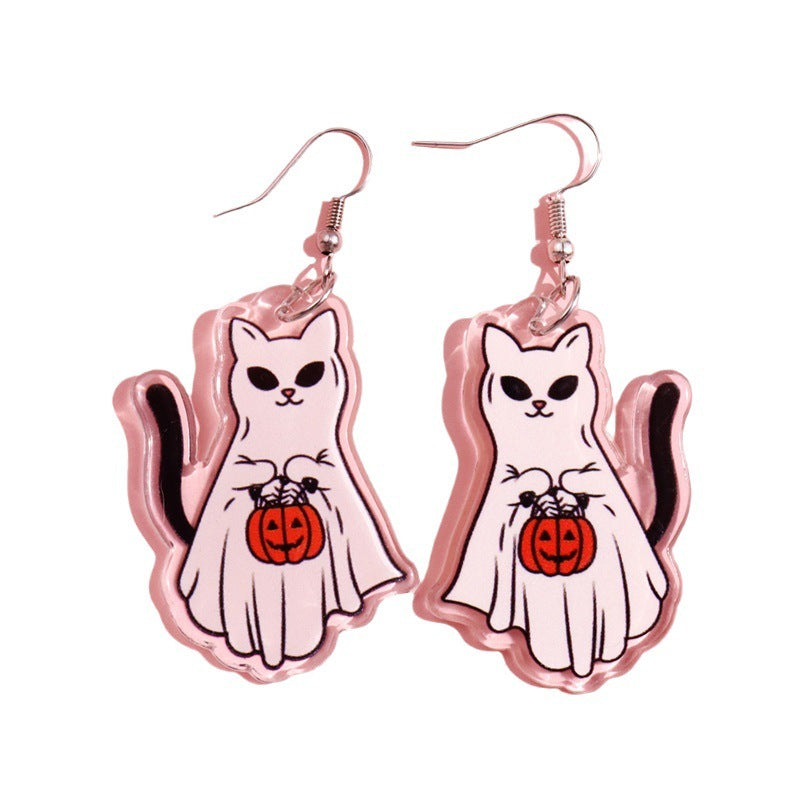 Acrylic Printed Halloween Pumpkin Cat Ghost Cat Pendant Earrings