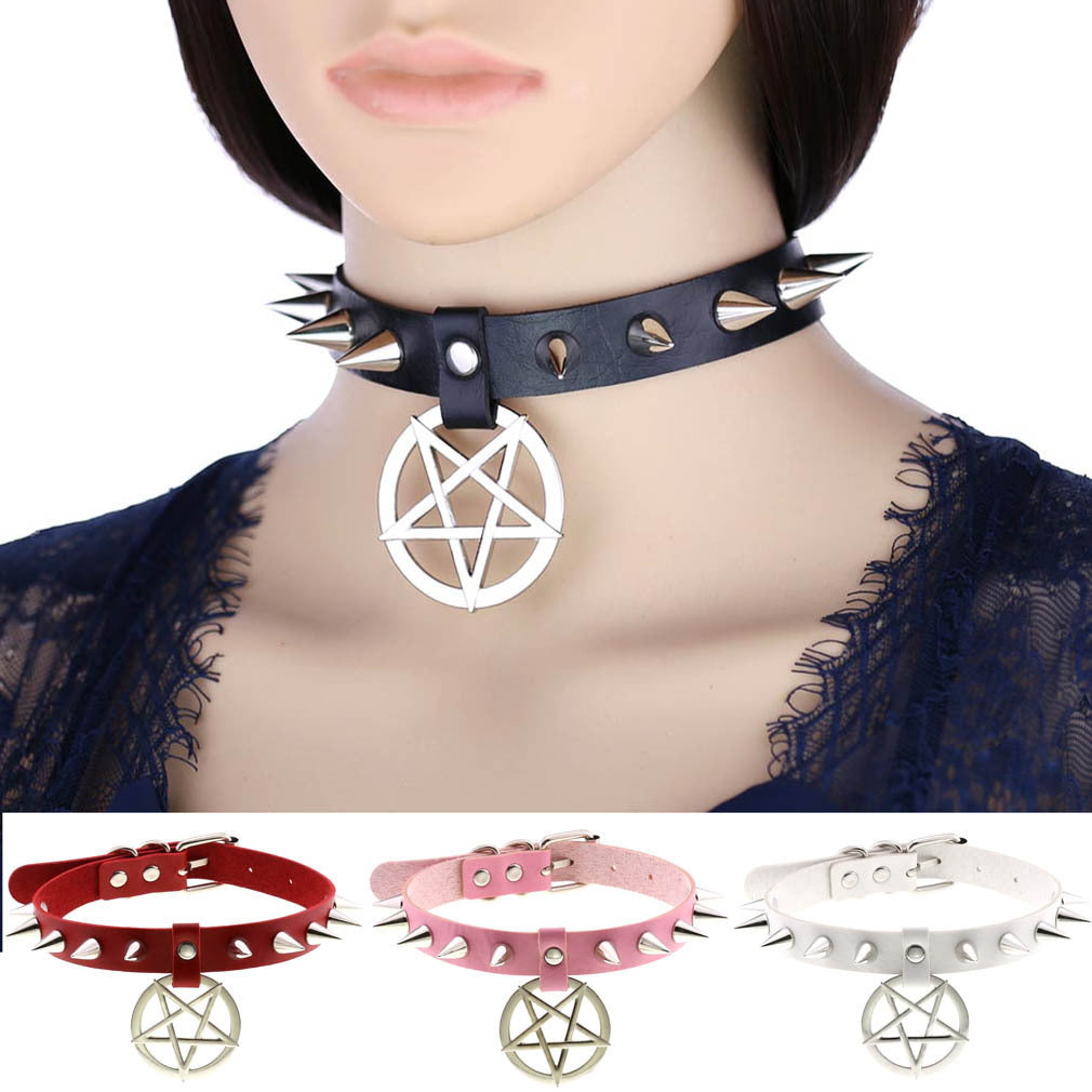 Temperament Spiked Rivet Five-pointed Star Pendant Leather Collar