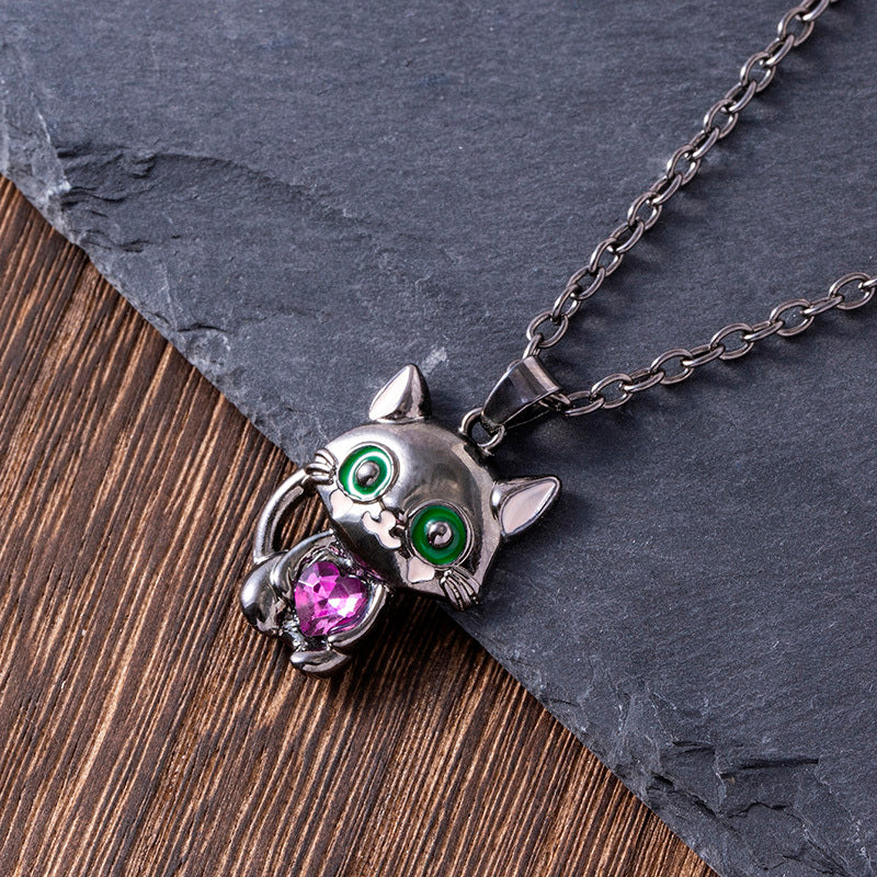 Black Cat Necklace Red Blue Purple White Heart Rhinestone Kitty Pendant Sweater Chain Necklaces