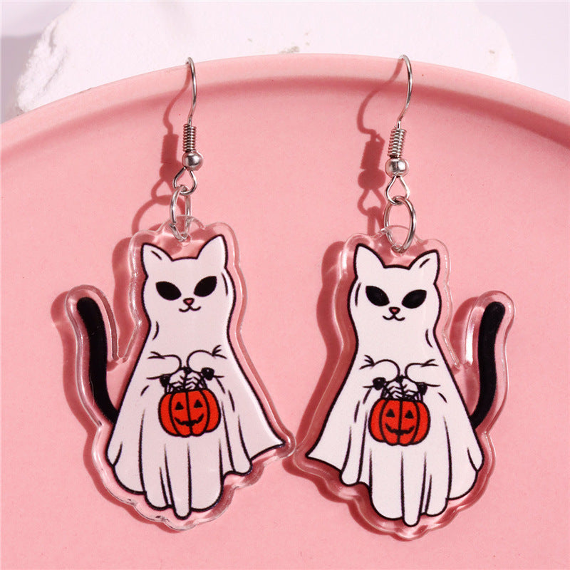 Acrylic Printed Halloween Pumpkin Cat Ghost Cat Pendant Earrings